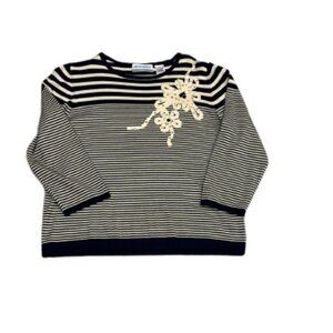 NWT Alfred Dunner Petite Black & Cream Strip 3/4 Sleeve Knit Top Sweater